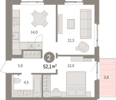 2 ккв № 10.6.3 Корп.: 1 , Секция 10  в ЖК Брусника в Новоселье