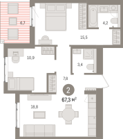 3 ккв (Евро) № 8.9.1 Корп.: 2 , Секция 8  в ЖК Брусника в Новоселье