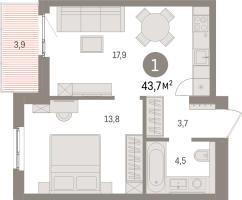 2 ккв (Евро) № 2.5.4 Корп.: 1 , Секция 2  в ЖК Брусника в Новоселье