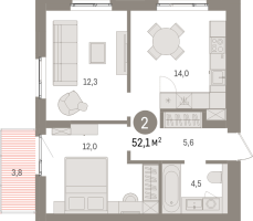 2 ккв № 1.5.6 Корп.: 2 , Секция 1  в ЖК Брусника в Новоселье