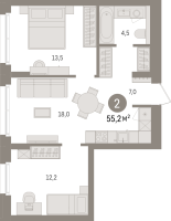 3 ккв (Евро) № 4.1.2 Корп.: 2 , Секция 4  в ЖК Брусника в Новоселье