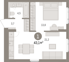 2 ккв (Евро) № 10.3.6 Корп.: 2 , Секция 10  в ЖК Брусника в Новоселье