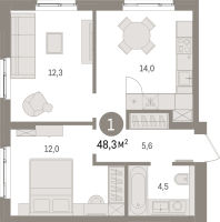 2 ккв № 1.2.5 Корп.: 1 , Секция 1  в ЖК Брусника в Новоселье