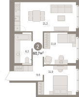 3 ккв (Евро) № 10.1.2 Корп.: 2 , Секция 10  в ЖК Брусника в Новоселье