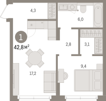 2 ккв (Евро) № 13.1.3 Корп.: 2 , Секция 13  в ЖК Брусника в Новоселье