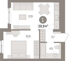 2 ккв (Евро) № 4.3.4 Корп.: 2 , Секция 4  в ЖК Брусника в Новоселье