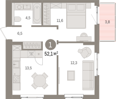 2 ккв № 2.6.6 Корп.: 3 , Секция 2  в ЖК Брусника в Новоселье