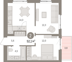 2 ккв № 10.5.3 Корп.: 1 , Секция 10  в ЖК Брусника в Новоселье