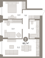 3 ккв (Евро) № 3.1.2 Корп.: 2 , Секция 3  в ЖК Брусника в Новоселье