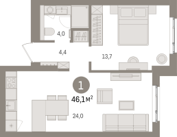 2 ккв (Евро) № 6.4.2 Корп.: 2 , Секция 6  в ЖК Брусника в Новоселье