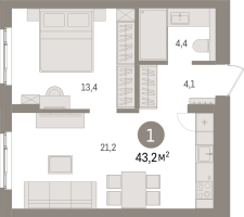 2 ккв (Евро) № 1.2.2 Корп.: 2 , Секция 1  в ЖК Брусника в Новоселье