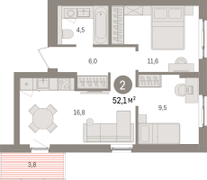 3 ккв (Евро) № 2.6.2 Корп.: 2 , Секция 2  в ЖК Брусника в Новоселье
