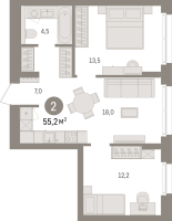 3 ккв (Евро) № 8.1.2 Корп.: 2 , Секция 8  в ЖК Брусника в Новоселье