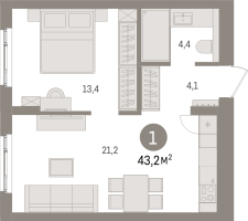 2 ккв (Евро) № 1.2.2 Корп.: 2 , Секция 1  в ЖК Брусника в Новоселье