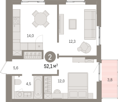 2 ккв № 11.7.2 Корп.: 2 , Секция 11  в ЖК Брусника в Новоселье