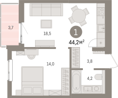 2 ккв (Евро) № 3.5.1 Корп.: 3 , Секция 3  в ЖК Брусника в Новоселье