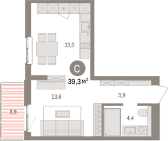 Студия № 3.5.9 Корп.: 3 , Секция 3  в ЖК Брусника в Новоселье