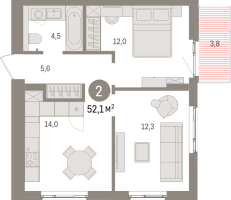2 ккв № 8.7.6 Корп.: 2 , Секция 8  в ЖК Брусника в Новоселье