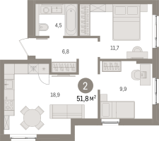 3 ккв (Евро) № 4.3.2 Корп.: 1 , Секция 4  в ЖК Брусника в Новоселье