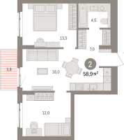 3 ккв (Евро) № 7.6.6 Корп.: 2 , Секция 7  в ЖК Брусника в Новоселье