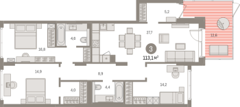 4 ккв (Евро) № 3.1.1 Корп.: 1 , Секция 3  в ЖК Брусника в Новоселье