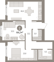 3 ккв (Евро) № 9.3.7 Корп.: 2 , Секция 9  в ЖК Брусника в Новоселье