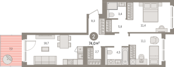 3 ккв (Евро) № 3.1.5 Корп.: 3 , Секция 3  в ЖК Брусника в Новоселье