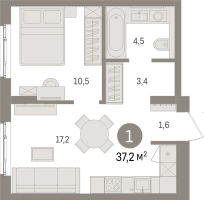 2 ккв (Евро) № 8.2.2 Корп.: 1 , Секция 8  в ЖК Брусника в Новоселье