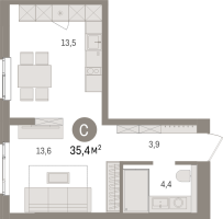 Студия № 3.4.9 Корп.: 3 , Секция 3  в ЖК Брусника в Новоселье