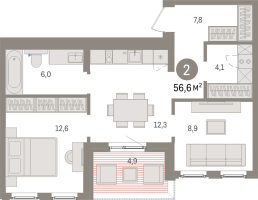 2 ккв № 12.9.2 Корп.: 1 , Секция 12  в ЖК Брусника в Новоселье