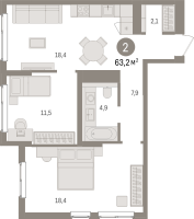 3 ккв (Евро) № 1.2.6 Корп.: 3 , Секция 1  в ЖК Брусника в Новоселье