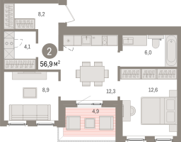 2 ккв № 11.9.3 Корп.: 1 , Секция 11  в ЖК Брусника в Новоселье