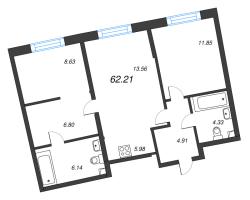 3 ккв (Евро) № 49 Корп.: 1 Уч. 56 , Секция 1  в ЖК Бульвар Грина