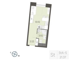 Студия № 186 Корп.: 2 , Секция 2  в ЖК Бульвар Грина