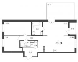 3 ккв (Евро) № 1344 Корп.: 7 , Секция 19  в ЖК Чёрная речка