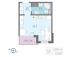 Студия № 142 Корп.: 29.5 , Секция 1  в ЖК Цветной город