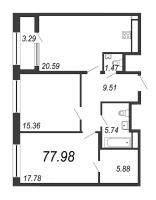3 ккв (Евро) № 87п Дом: 32В Корп.: 1 , Секция 15  в ЖК Дефанс Премиум