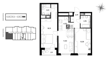 3 ккв (Евро) № 402 Корп.: 4 , Секция 3  в ЖК Догма Юкки