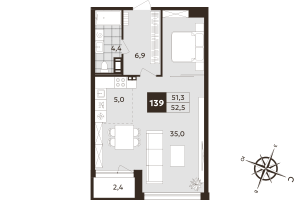 Студия № 139 Корп.: 1 , Секция 5  в ЖК Дом на Бронницкой