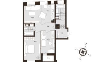 3 ккв (Евро) № 73 Корп.: 1 , Секция 2  в ЖК Дом на Бронницкой