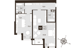 2 ккв (Евро) № 141 Корп.: 1 , Секция 5  в ЖК Дом на Бронницкой