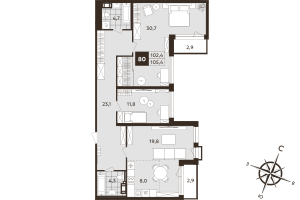 3 ккв (Евро) № 80 Корп.: 1 , Секция 3  в ЖК Дом на Бронницкой