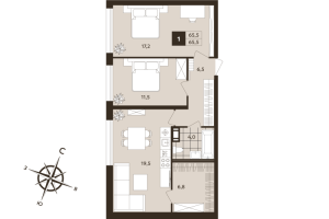 2 ккв (Евро) № 1 Корп.: 1 , Секция 1  в ЖК Дом на Бронницкой