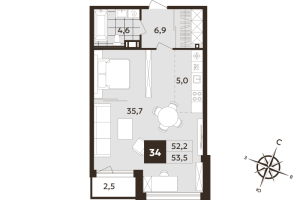 Студия № 34 Корп.: 1 , Секция 2  в ЖК Дом на Бронницкой