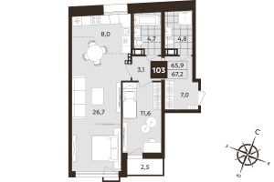 2 ккв (Евро) № 103 Корп.: 1 , Секция 3  в ЖК Дом на Бронницкой