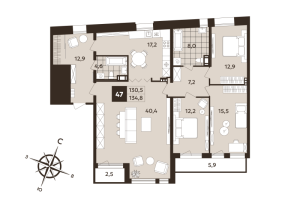 4 ккв (Евро) № 47 Корп.: 1 , Секция 2  в ЖК Дом на Бронницкой