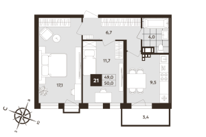 2 ккв № 21 Корп.: 1 , Секция 1  в ЖК Дом на Бронницкой