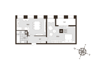 2 ккв (Евро) № 23 Корп.: 1 , Секция 1  в ЖК Дом на Бронницкой