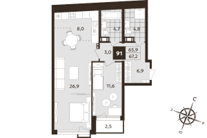 2 ккв (Евро) № 91 Корп.: 1 , Секция 3  в ЖК Дом на Бронницкой
