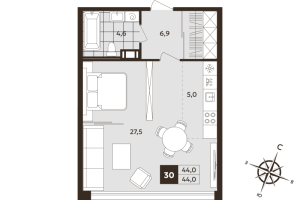Студия № 30 Корп.: 1 , Секция 2  в ЖК Дом на Бронницкой